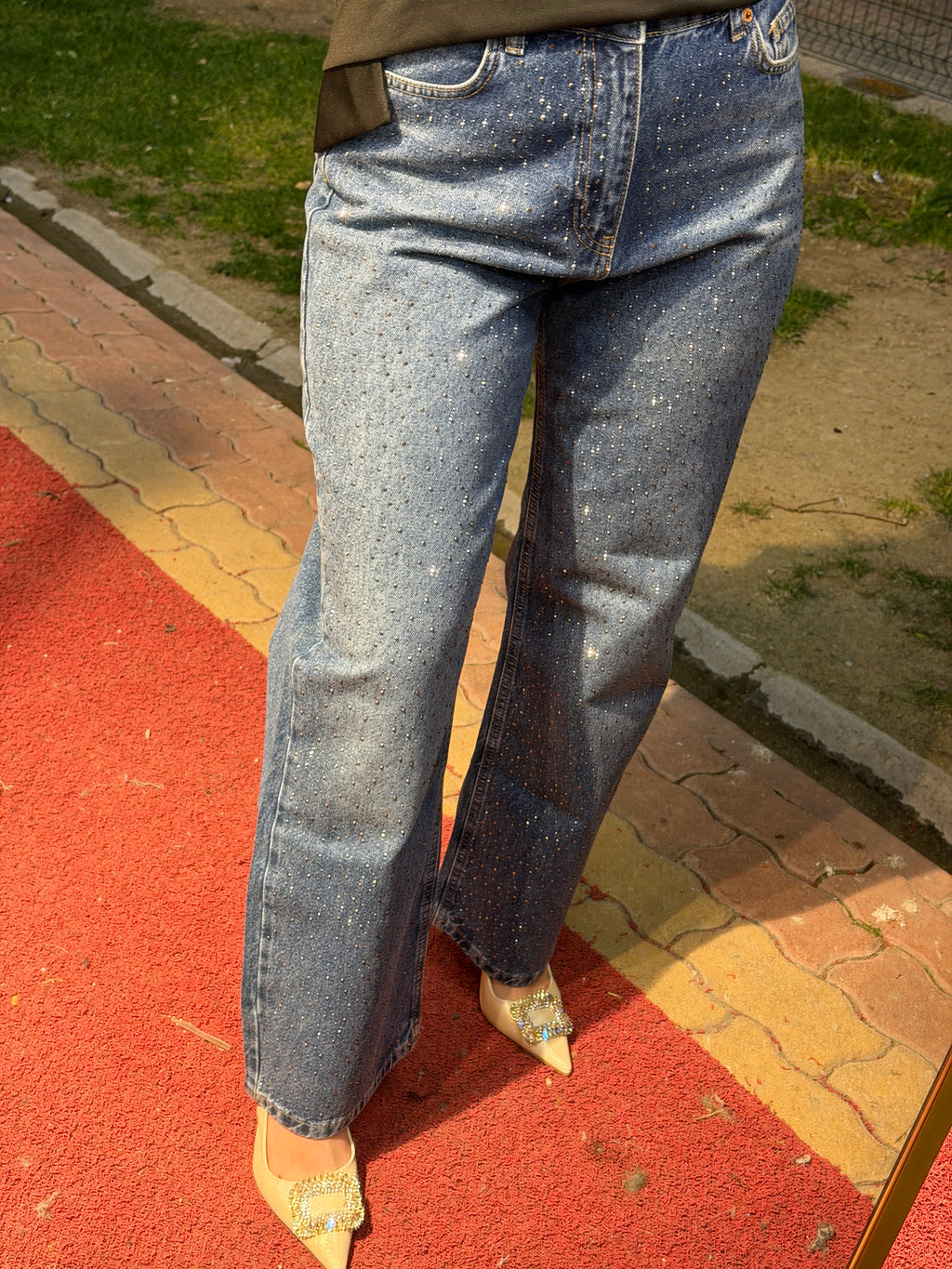 Işıltılı Koyu Mavi Denim Pantolon