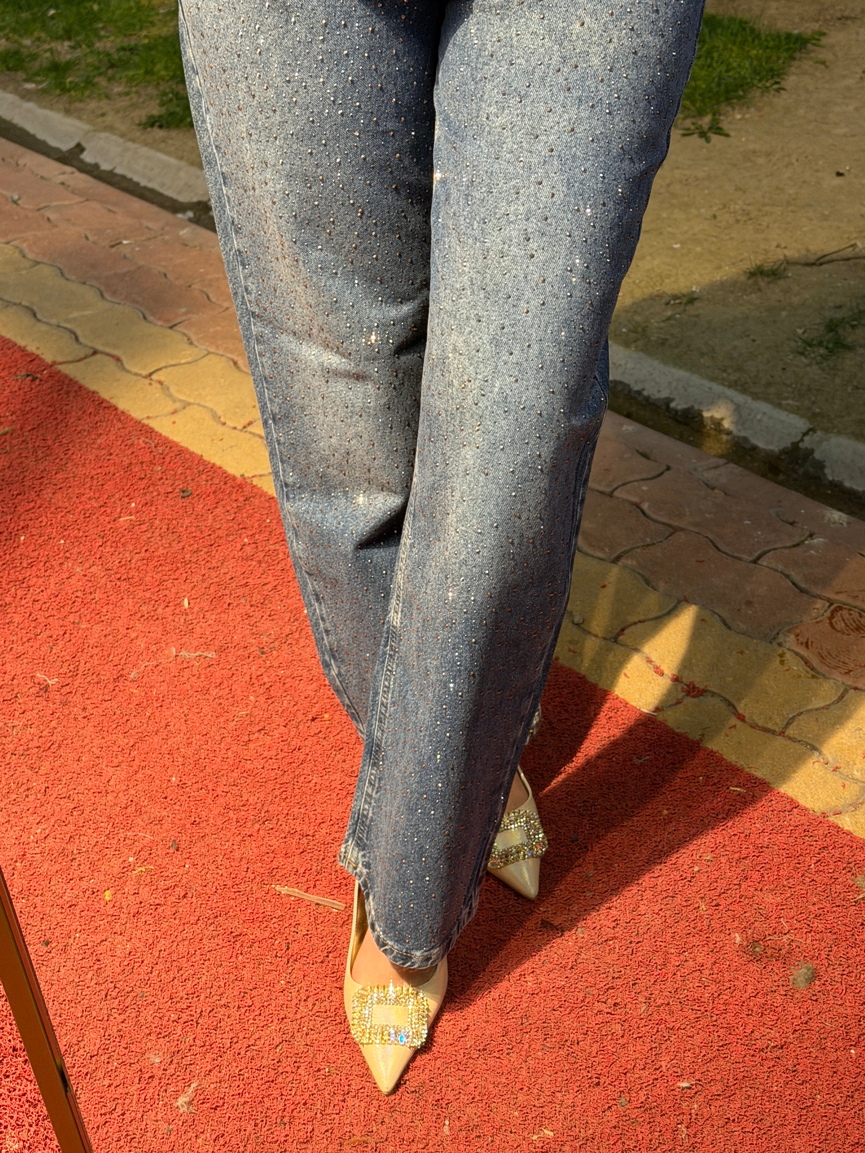 Işıltılı Koyu Mavi Denim Pantolon