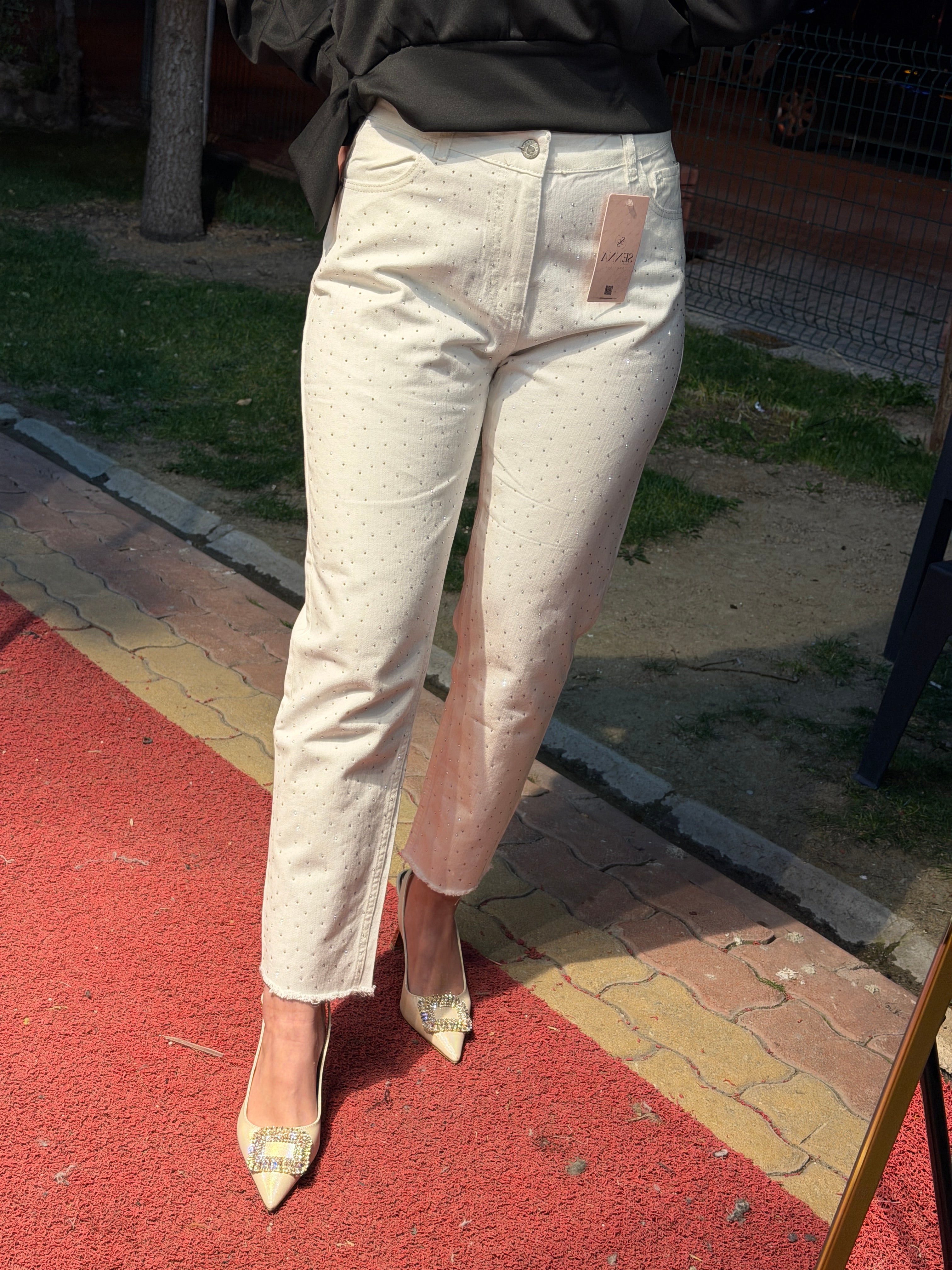 Işıltılı Beyaz Denim Pantolon