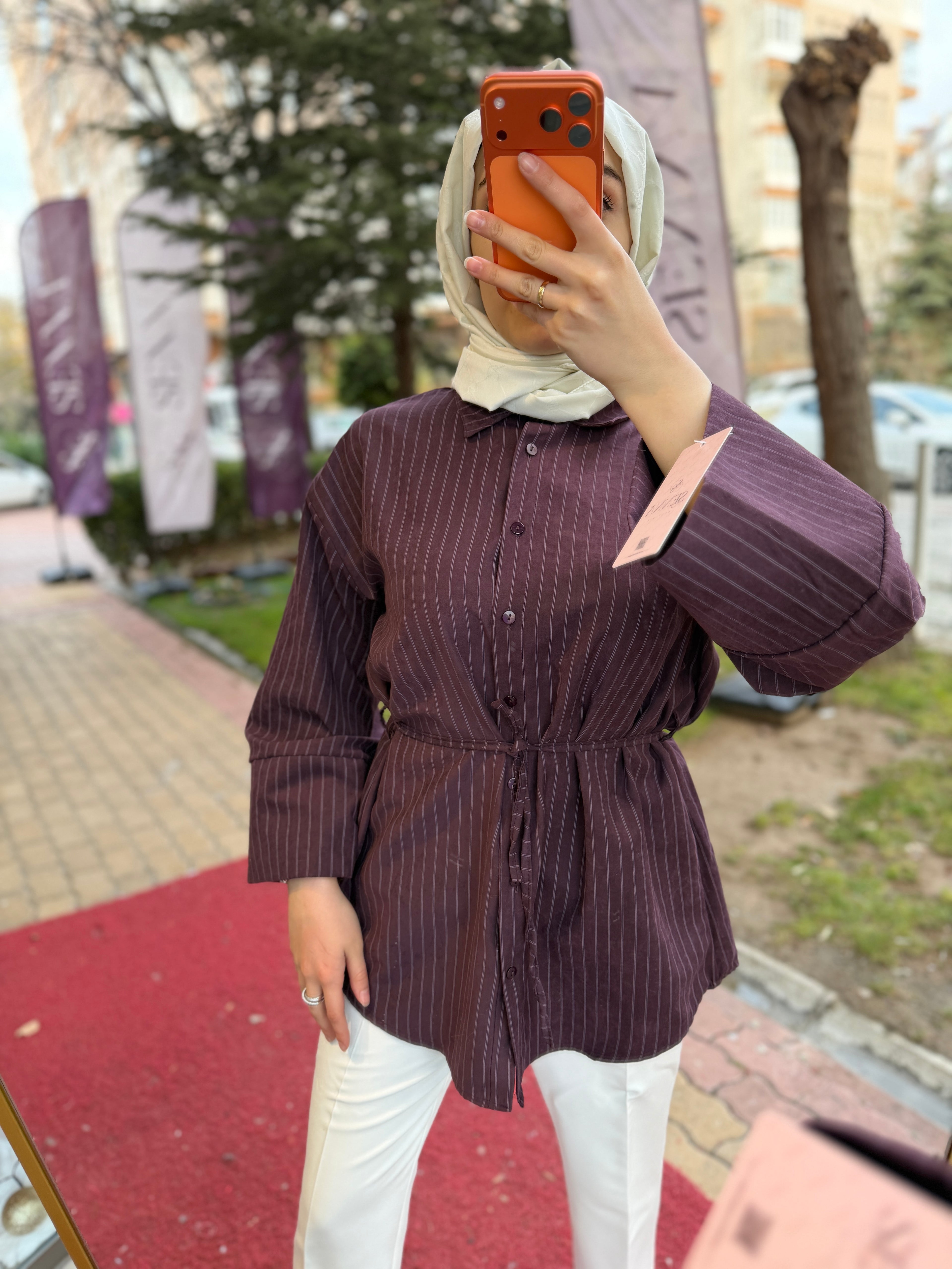 Çizgili Fitilli Mor Gömlek