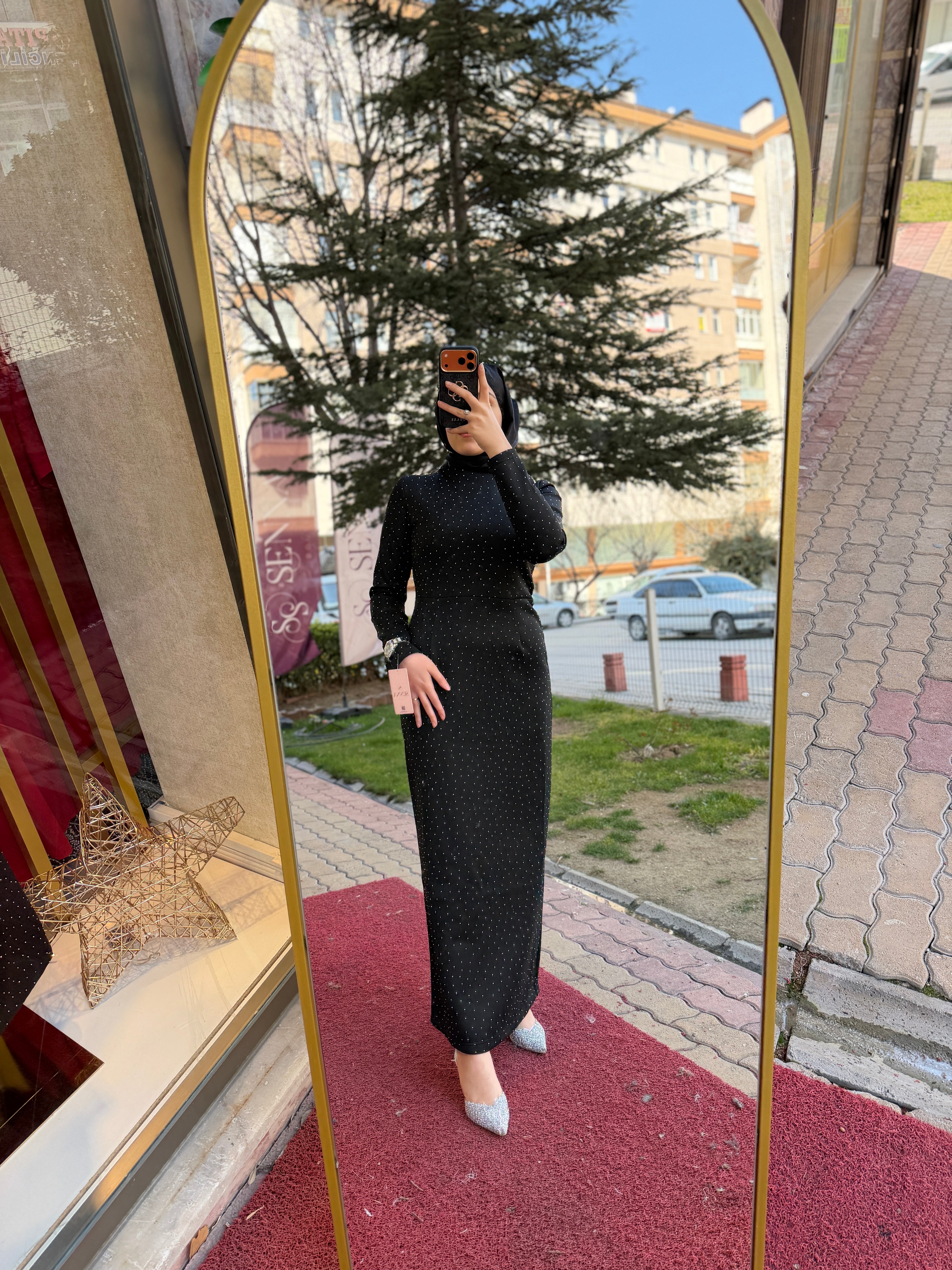 Kristal Işıltılı Siyah Kalem Elbise