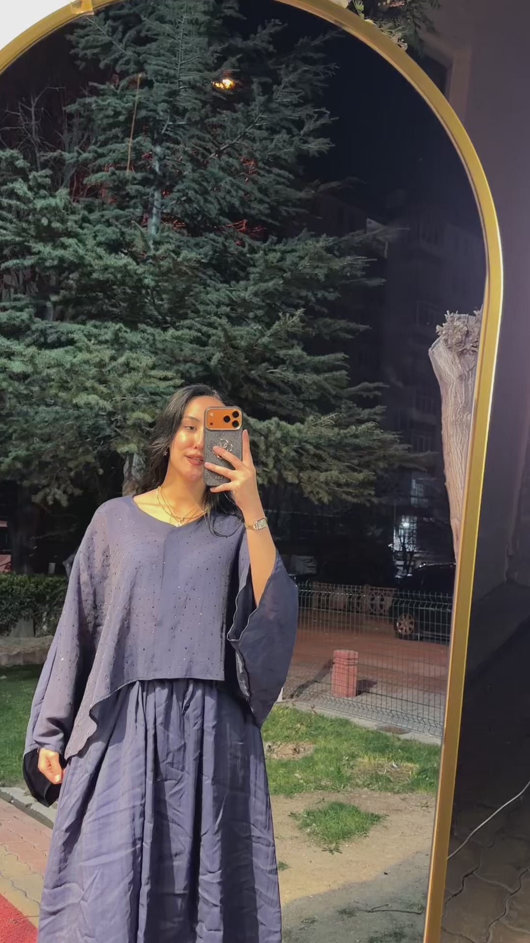 Asimetrik Pelerinli Gece Mavisi Takım